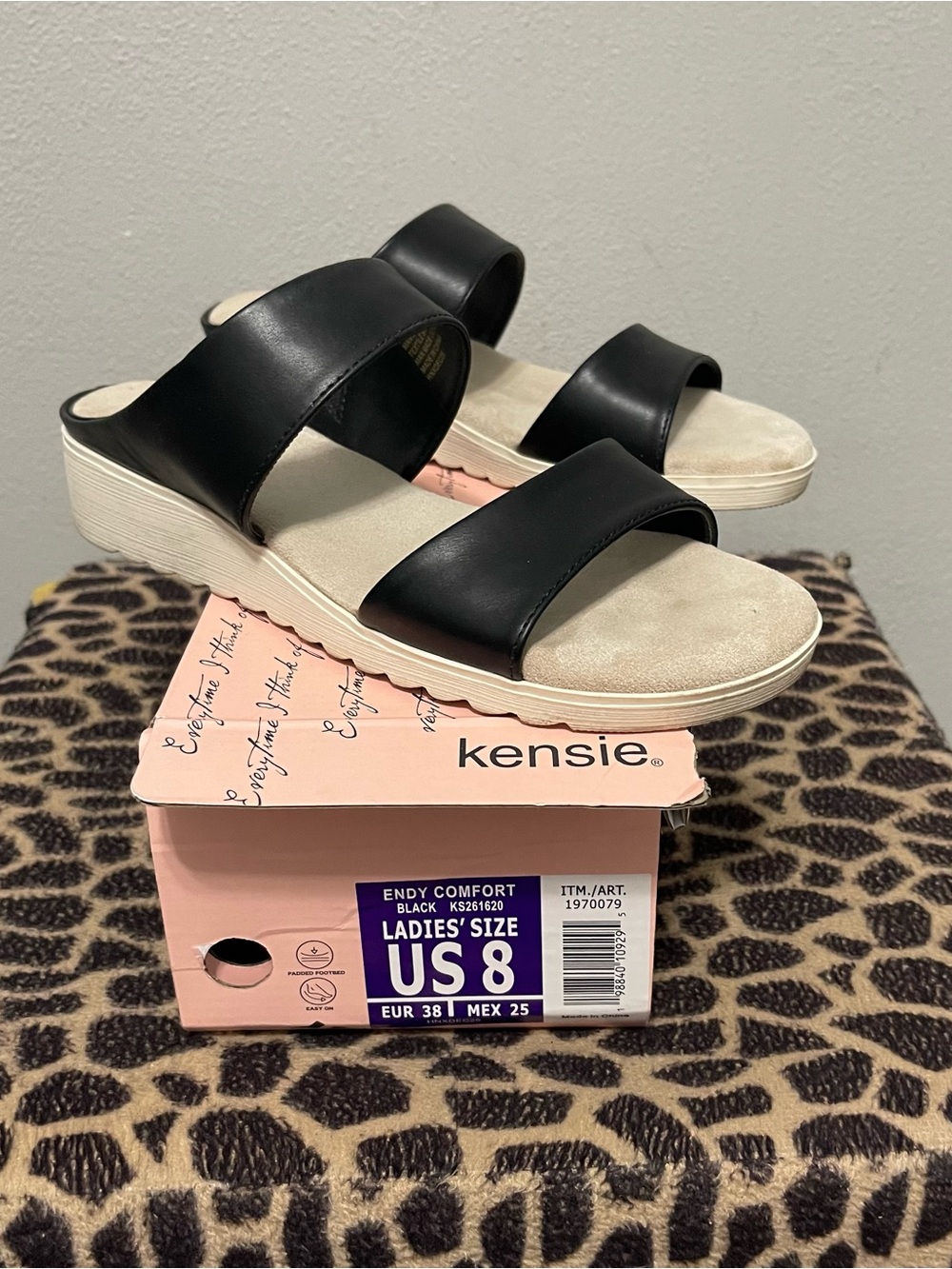 Kensie Endy Comfort Slip On Low Wedge Sandals Black Summer Womens 8
